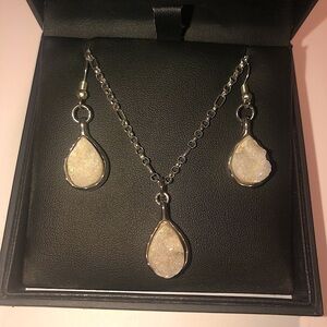 ISARA White Druzy Necklace & Earrings Set Silver Tone Costume Jewelry